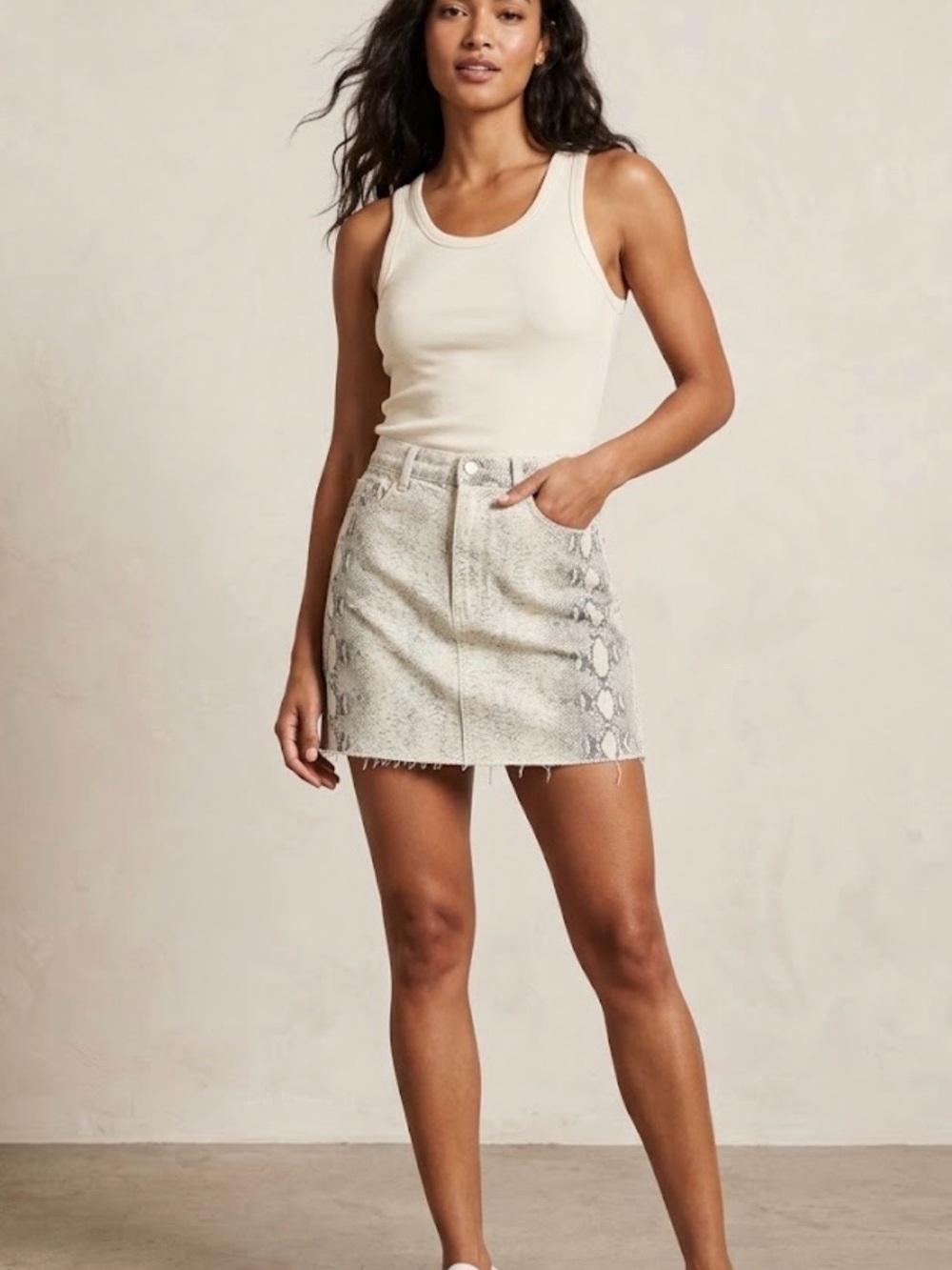 Neutral Snake-Print Denim Mini Skirt - Cream